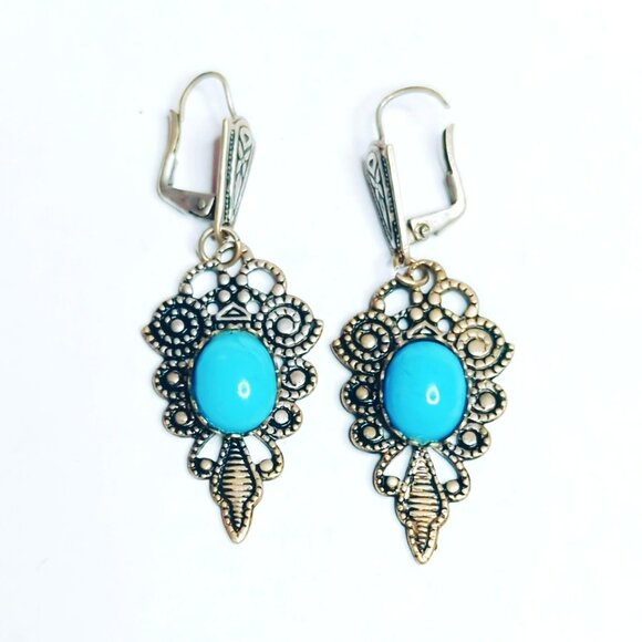 Vintage Spanish Filigree Dangle Earrings With Turquoise Stones Boho Style - Picture 1 of 5